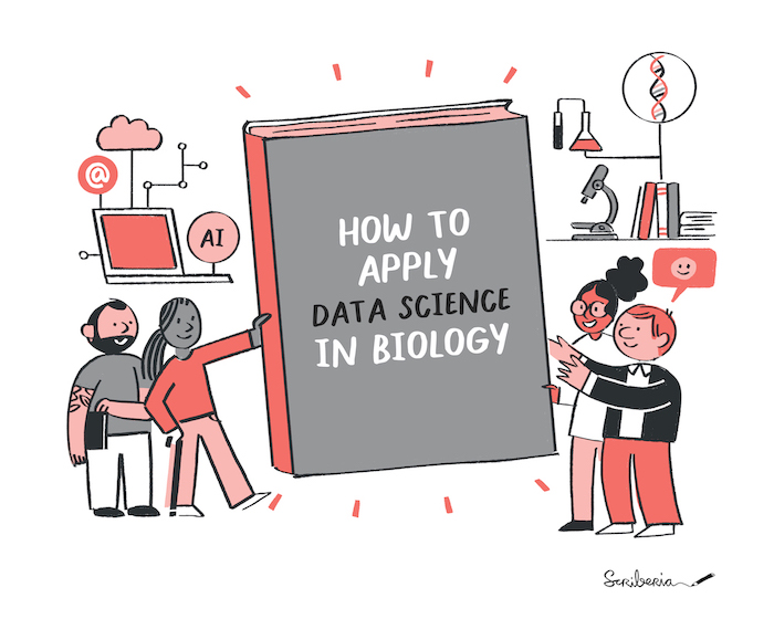 Two people with computational expertise holding a giant book towards two other people who conduct lab experiments. The book saya: how to apply data science in biology.